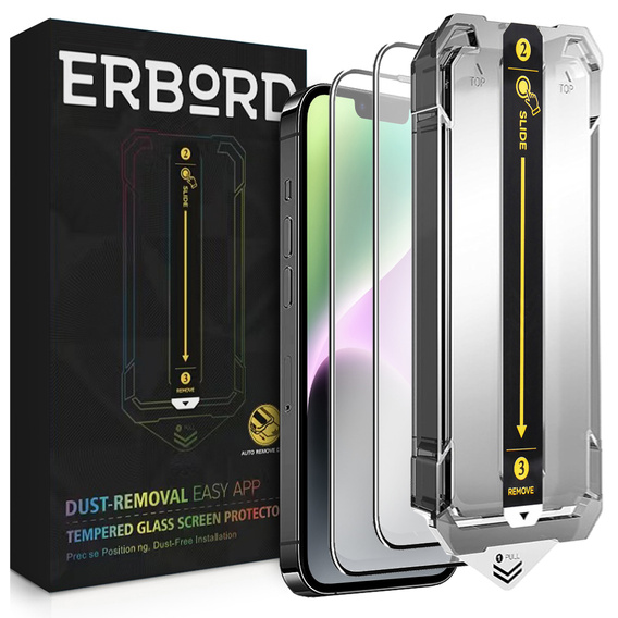 2x edzett üveg iPhone 16e / 14 / 13 / 13 Pro, ERBORD Easy App Full Screen Protector