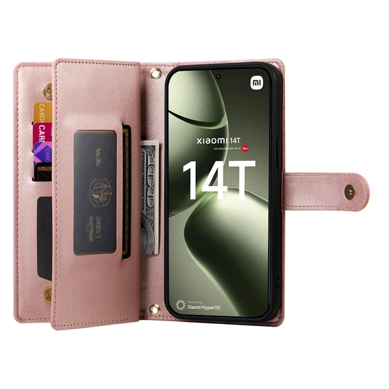 Pattintható tok a Xiaomi 14T, Wallet Zipper Pocket, rózsaszín