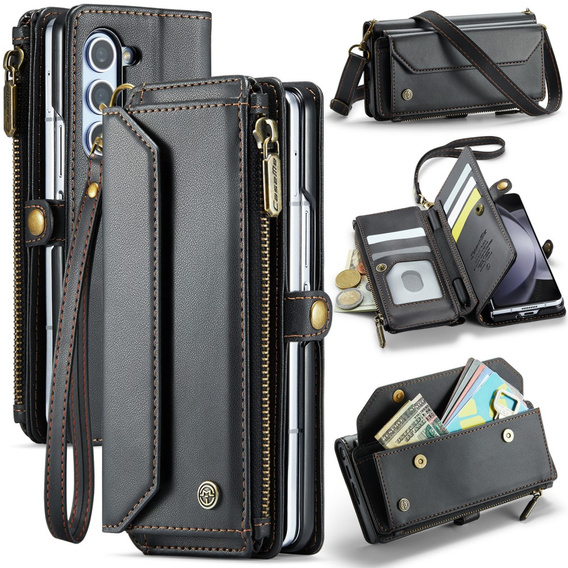 Tok CASEME Samsung Galaxy Z Fold6 5G, RFID Leather Wallet, vállpánttal, fekete