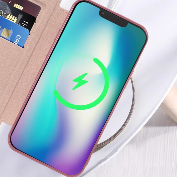 Pattintható tok a iPhone 15, RFID Wallet MagSafe CamShield, rózsaszín