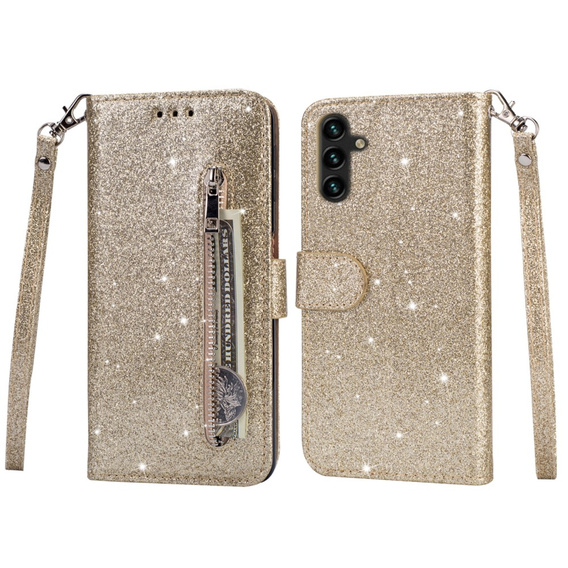 Pattintható tok a Samsung Galaxy A55, Wallet Zipper Pocket Glittery, arany