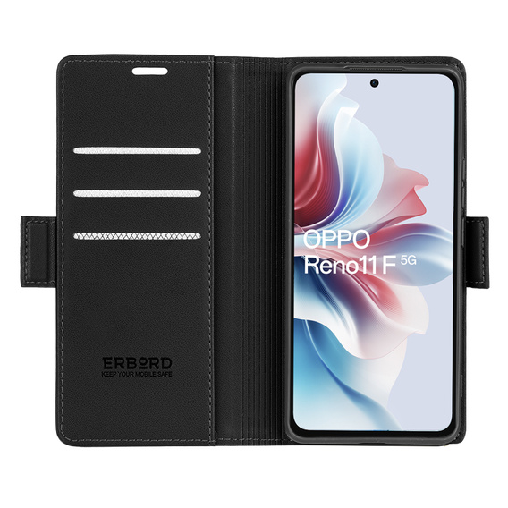 Tok Oppo Reno 11F, ERBORD Glossy Litchi, pénztárca patenttal, fekete