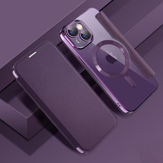 Pattintható tok a iPhone 15, RFID Wallet MagSafe CamShield, lila