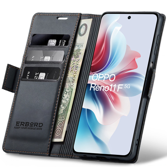 Tok Oppo Reno 11F, ERBORD Glossy Litchi, pénztárca patenttal, fekete