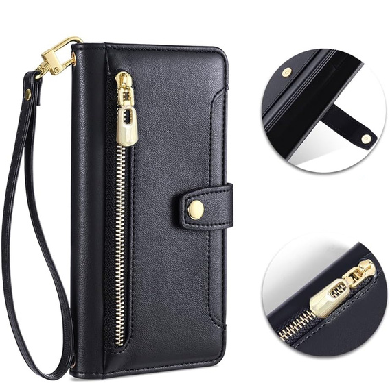 Pattintható tok a iPhone 16E, Wallet Zipper Pocket, fekete