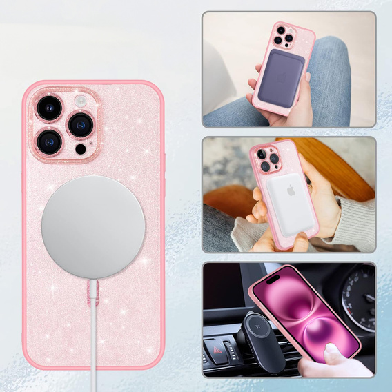 Tok iPhone 16 Pro-hoz, ERBORD Glitter MagSafe, rózsaszín + képernyőüveg