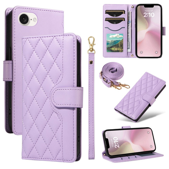 Flap tok iPhone 16E, Rhombus Crossbody Leather, lila