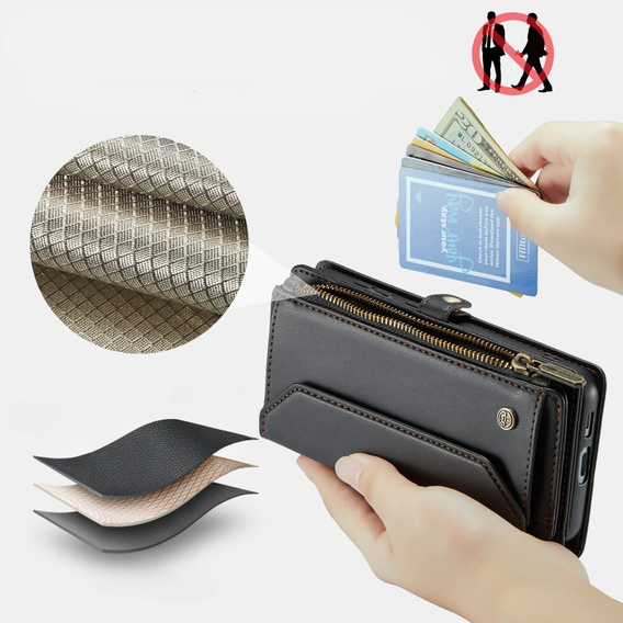 Tok CASEME Samsung Galaxy S24 FE, RFID Leather Wallet, vállpánttal, fekete
