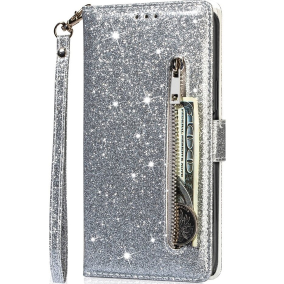 Pattintható tok a Samsung Galaxy A55, Wallet Zipper Pocket Glittery, ezüst