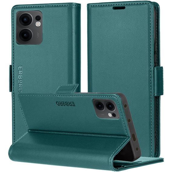 Tok Oppo Reno 13F / Oppo Reno 13FS, ERBORD Glossy Litchi, pénztárca patenttal, zöld