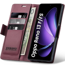 Tok Oppo Reno 13F / Oppo Reno 13FS, ERBORD Glossy Litchi, pénztárca patenttal, piros