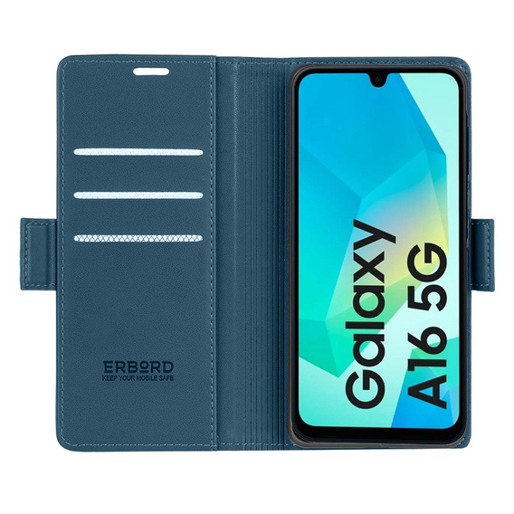 Tok Samsung Galaxy A16, ERBORD Glossy Litchi, pénztárca patenttal, kék