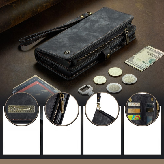 CASEME tok Samsung Galaxy A56 5G, Retro Leather Wallet, szíjjal, fekete