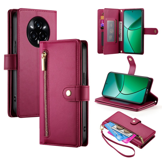 Pattintható tok a Realme 14 Pro 5G, Wallet Zipper Pocket, piros