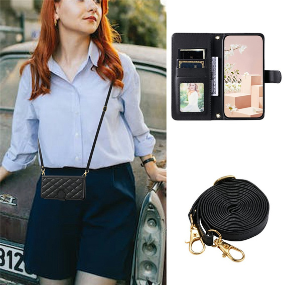 Flap tok Samsung Galaxy S25 FE, Rhombus Crossbody Leather, fekete