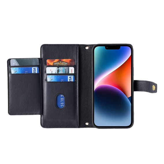Pattintható tok a iPhone 14, Wallet Zipper Pocket, fekete
