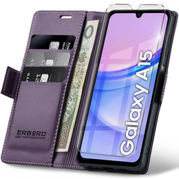tok Samsung Galaxy A15 4G / 5G, ERBORD Fényes Litchi, flip pénztárca + 9H edzett üveg