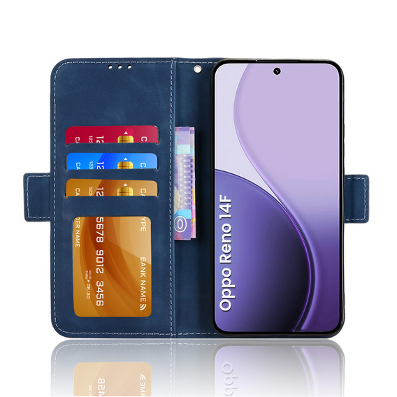 Flap tok Oppo Reno 14F, kártya slot, pénztárca, tengerészkék