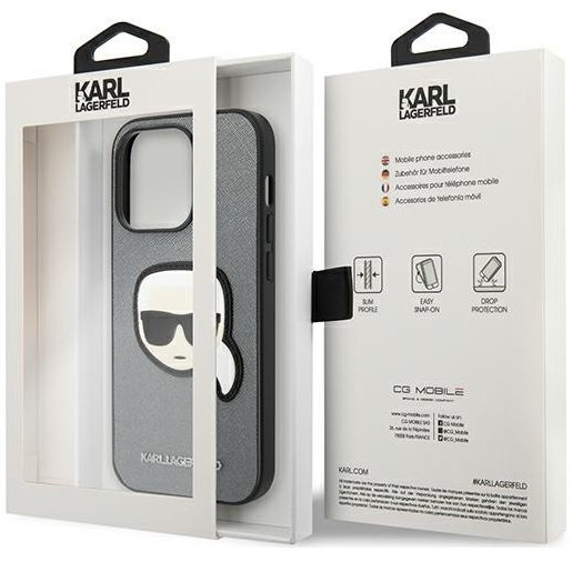 Karl Lagerfeld Telefontok a iPhone 14 Pro Max, Saffiano Karl's Head Patch, ezüst