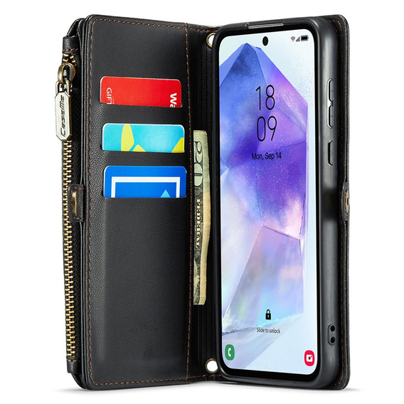 Tok CASEME Samsung Galaxy A55 5G, RFID Leather Wallet, vállpánttal, fekete