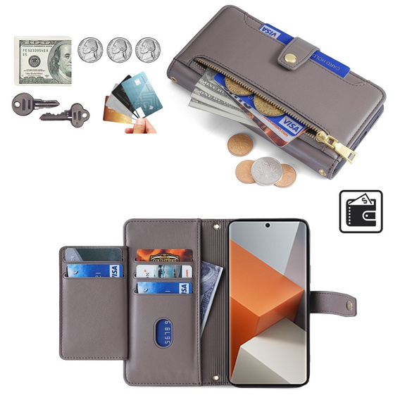 Pattintható tok a Xiaomi Redmi Note 13 Pro+, Wallet Zipper Pocket, szürke