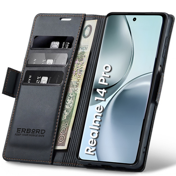 Tok Realme 14 Pro 5G, ERBORD Glossy Litchi, pénztárca patenttal, fekete