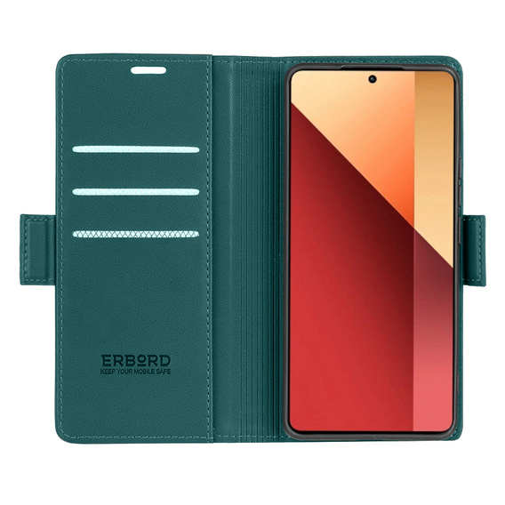 Tok Xiaomi Redmi Note 13 Pro 4G / Xiaomi Redmi Note 14S / Xiaomi Poco M6 Pro 4G, ERBORD Glossy Litchi, pénztárca patenttal, zöld