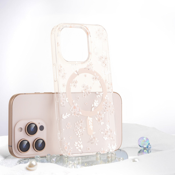 Mágneses tok virágos lézeres mintával iPhone 16 Pro-hoz