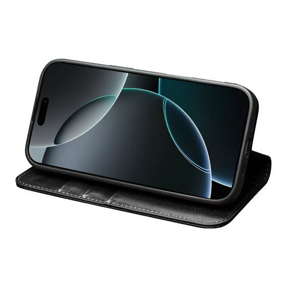 QIALINO valódi marhabőr flip tok iPhone 17 Pro Max készülékhez, fekete