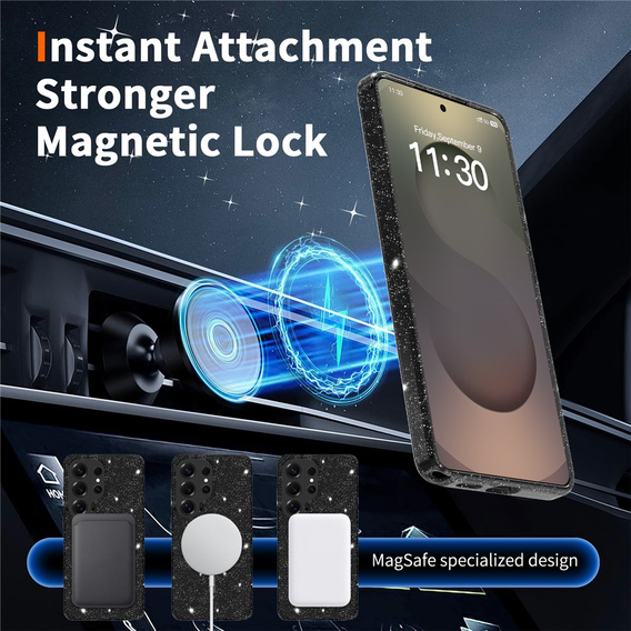 Csillogó tok, MagSafe-hez, Samsung Galaxy S26 Ultra-hoz, átlátszó/fekete