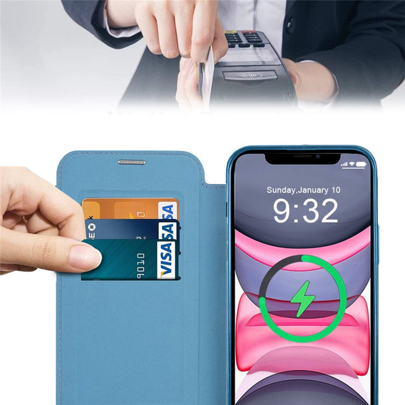 Pattintható tok a iPhone 15, RFID Wallet MagSafe CamShield, kék