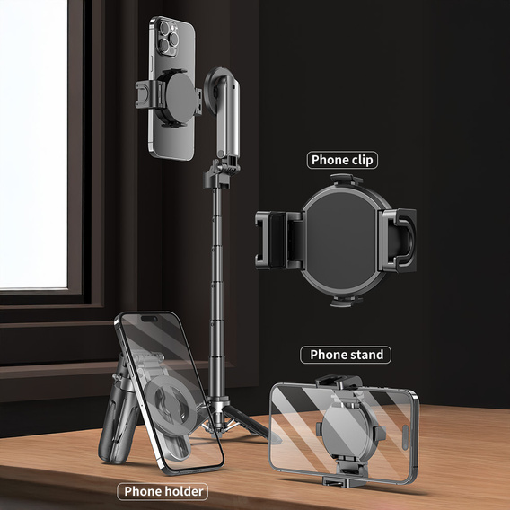 Selfie Stick Alumínium állvány funkcióval és Bluetooth távirányítóval, okostelefonokhoz