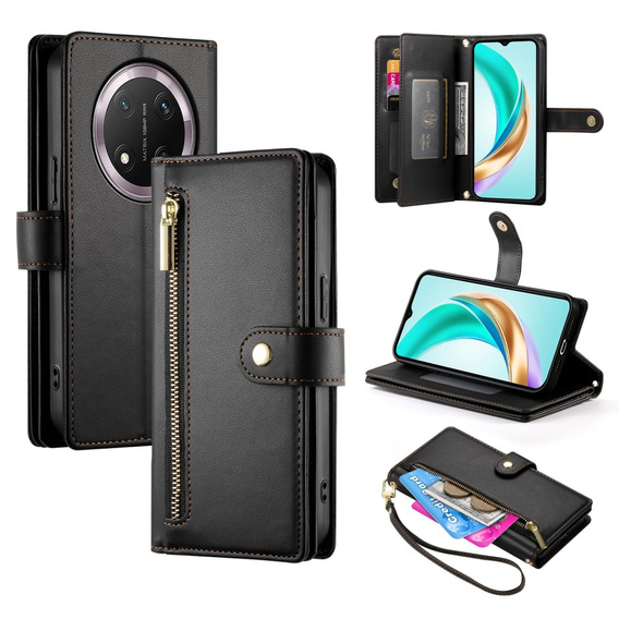 Pattintható tok a Honor Magic 7 Lite, Wallet Zipper Pocket, fekete