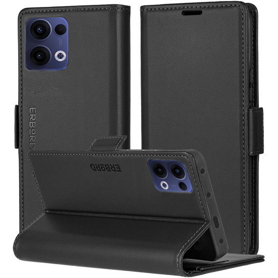 Tok Oppo Reno 13, ERBORD Glossy Litchi, pénztárca patenttal, fekete