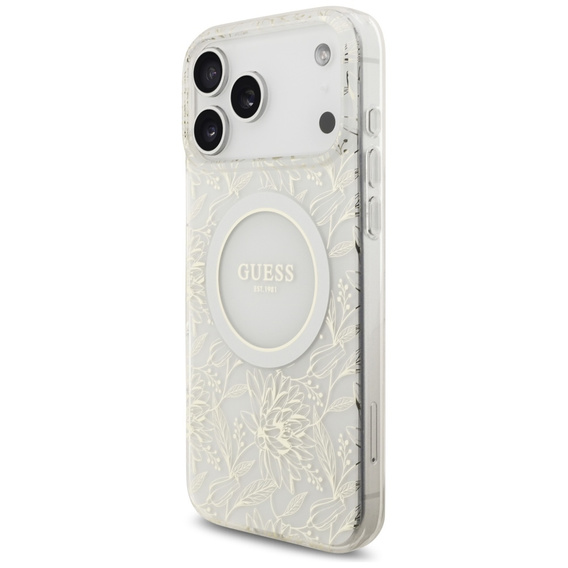 Guess IML virágokkal díszített, gyöngyökkel díszített pántos tok, MagSafe-hez, pánttal, iPhone 17 Pro Max-hoz