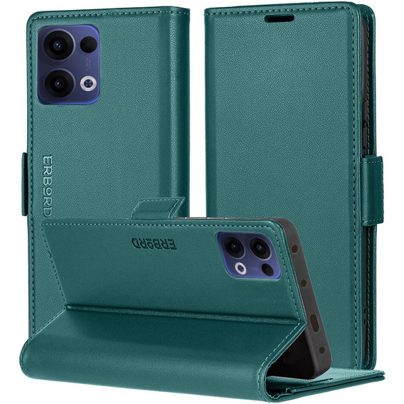 Tok Oppo Reno 13, ERBORD Glossy Litchi, pénztárca patenttal, zöld
