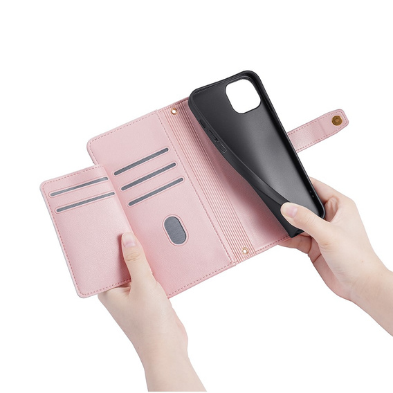 Pattintható tok a iPhone 15, Wallet Zipper Pocket, rózsaszín