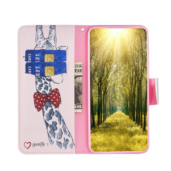 Pattintható tok a Xiaomi Redmi 13C / Poco C65, Wallet, giraffe, rózsaszín