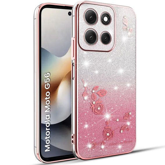 Tok Motorola Moto G56 5G, Glitter Flower, rózsaszín rose gold