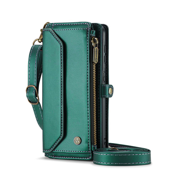Tok CASEME Samsung Galaxy S24 FE, RFID Leather Wallet, vállpánttal, zöld