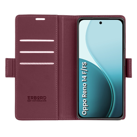 Tok Oppo Reno 14 F / 14 FS, ERBORD Glossy Litchi, pénztárca patenttal, piros