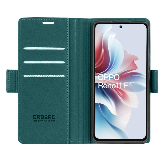 Tok Oppo Reno 11F, ERBORD Glossy Litchi, pénztárca patenttal, zöld
