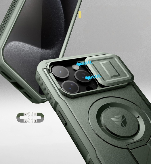 Páncélozott tok iPhone 15 Pro Max készülékhez, Dexnor CamProtect MagSafe, zöld (Két keret)