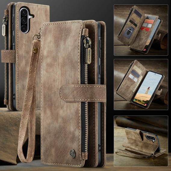 CASEME tok Samsung Galaxy A56 5G, Leather Wallet Cash and Card Slots, pánttal, barna