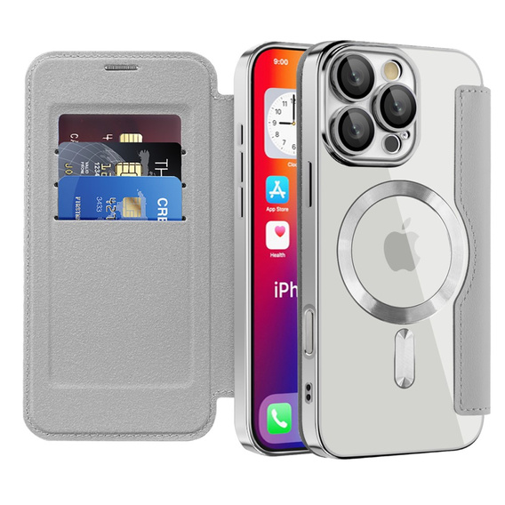 Pattintható tok a iPhone 16 Pro Max, RFID Wallet MagSafe CamShield, ezüst