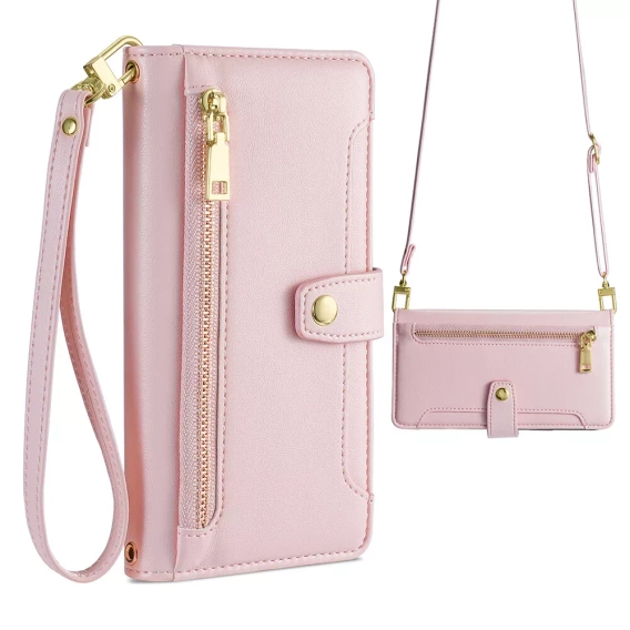 Pattintható tok a iPhone 16E, Wallet Zipper Pocket, rózsaszín