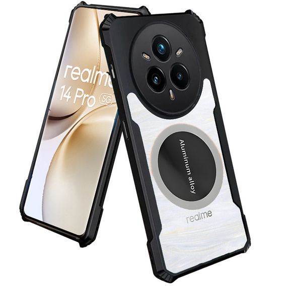 Tok Realme 14 Pro+ 5G, mágneses lemezzel, átlátszó / fekete