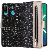 Flap tok Huawei P30 Lite, Wallet Pocket Zipper Lace, fekete