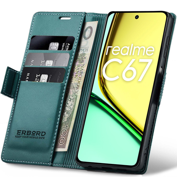 Tok Realme C67 4G, ERBORD Glossy Litchi, pénztárca patenttal, zöld
