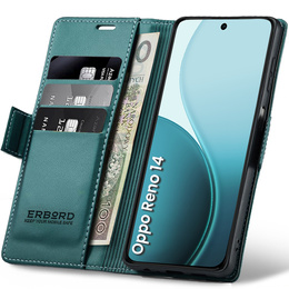 Tok Oppo Reno 14, ERBORD Glossy Litchi, pénztárca patenttal, zöld